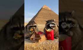 Two raccoon friends are eating McDonald's